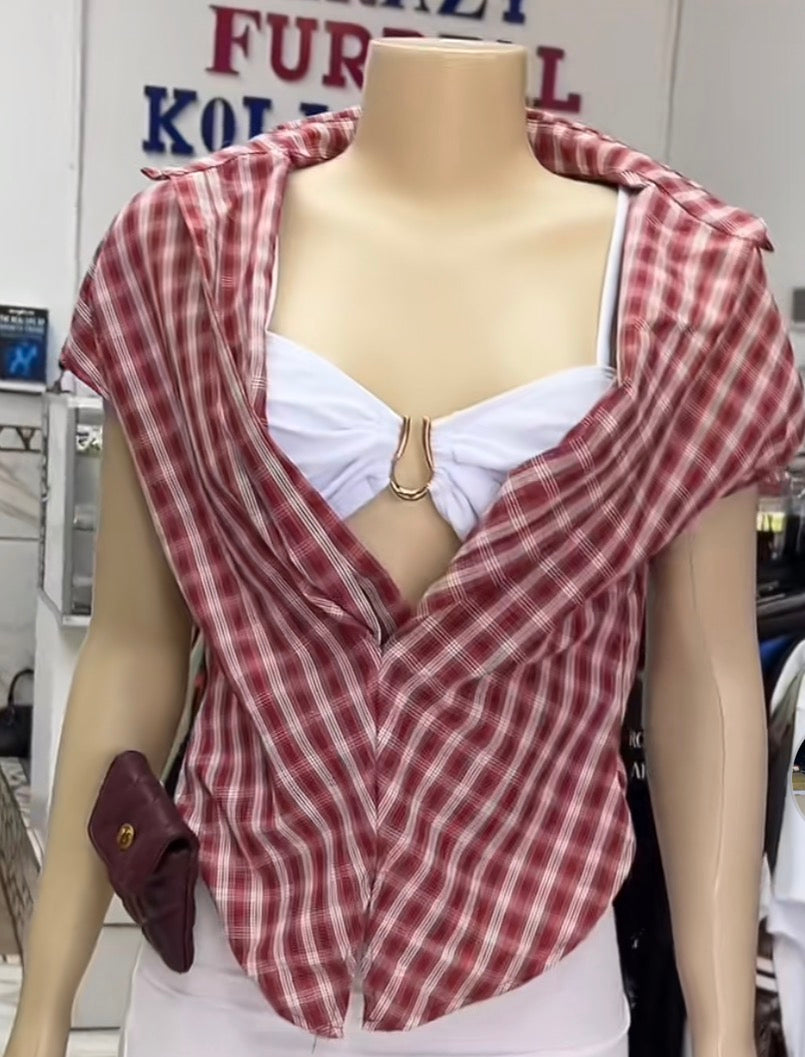red cut out flannel crop top