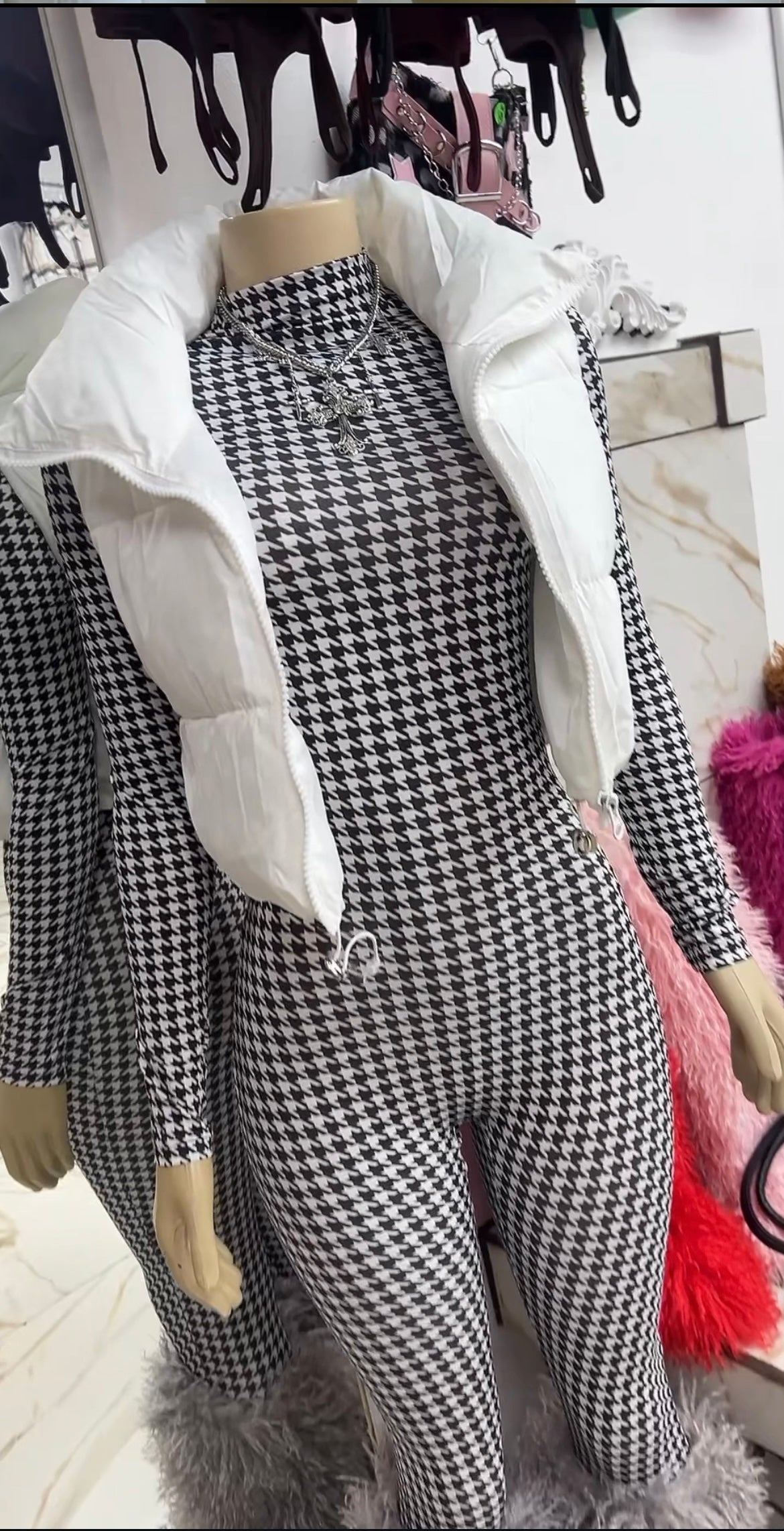 black and white full body suit